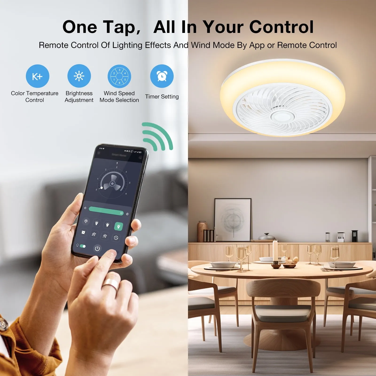 18in Indoor Ceiling Fan with Light, Remote & APP Control, 3 Colors Lighting and 6 Wind Speeds, Invisible Bladeless Ceiling Fan, Timing Setting