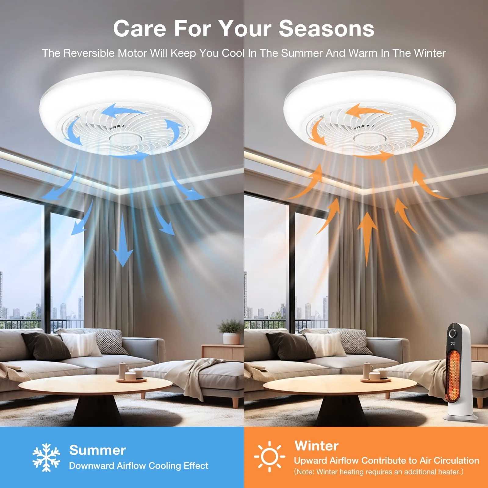 18in Indoor Ceiling Fan with Light, Remote & APP Control, 3 Colors Lighting and 6 Wind Speeds, Invisible Bladeless Ceiling Fan, Timing Setting