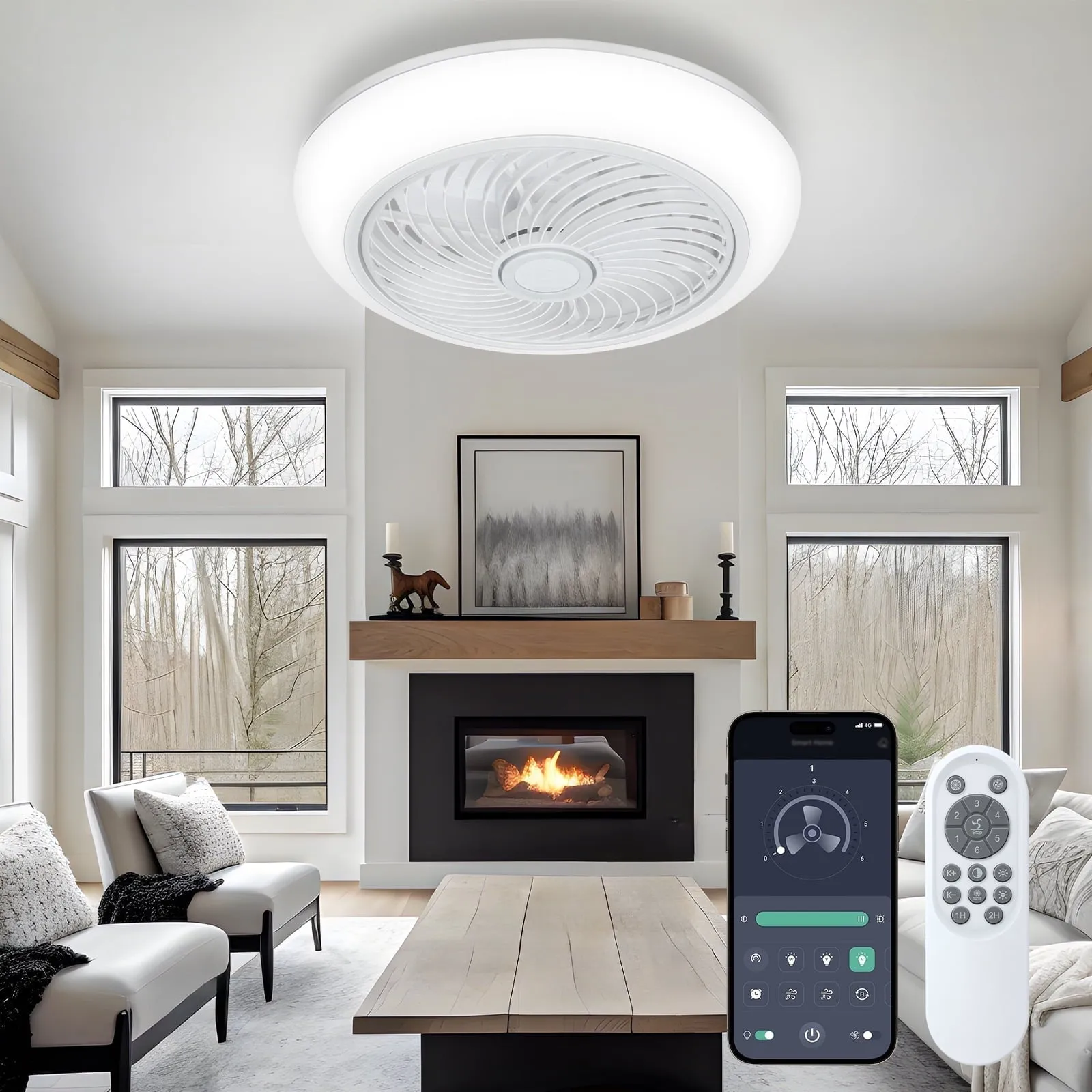 18in Indoor Ceiling Fan with Light, Remote & APP Control, 3 Colors Lighting and 6 Wind Speeds, Invisible Bladeless Ceiling Fan, Timing Setting